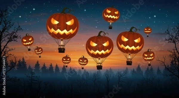 Obraz Fantasy Halloween Pumpkin Hot Air Balloons Floating in Night Sky