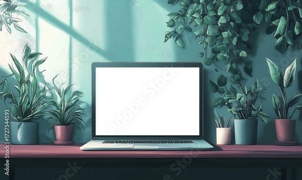 Fototapeta Laptop With Blank Screen On Desk In A Green Room