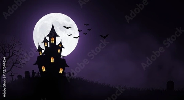 Obraz Spooky Halloween Poster Background with Haunted House Silhouette and Full Moon