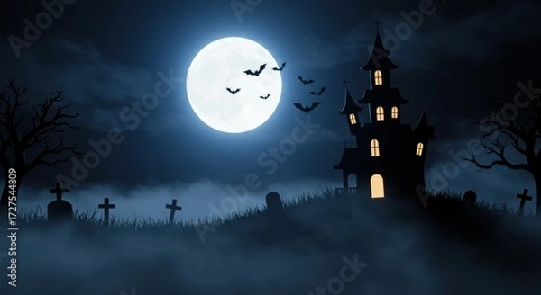 Obraz Spooky Halloween Poster Background with Haunted House Silhouette and Full Moon