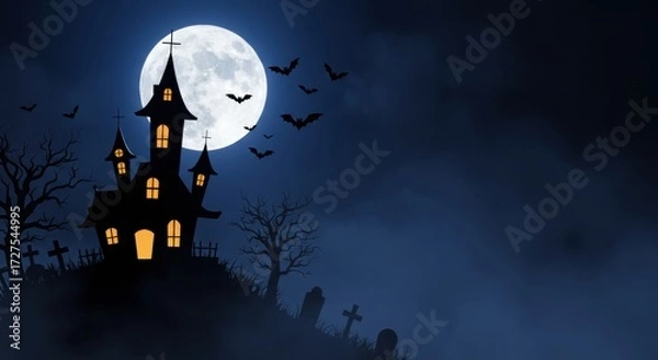 Obraz Spooky Halloween Poster Background with Haunted House Silhouette and Full Moon