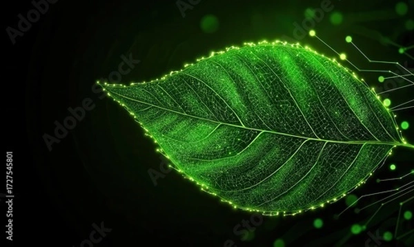 Fototapeta Green Leaf Illuminated With Glowing Particle Circuit