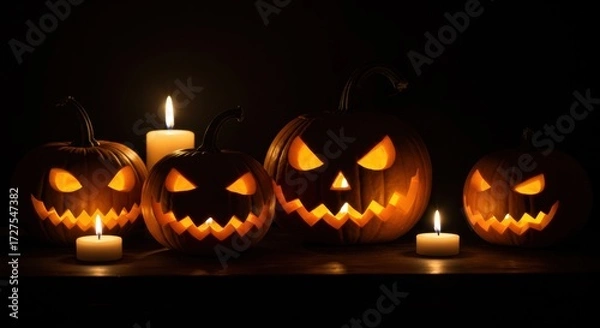 Obraz Halloween Pumpkins Still Life with Candle Glow and Dark Background