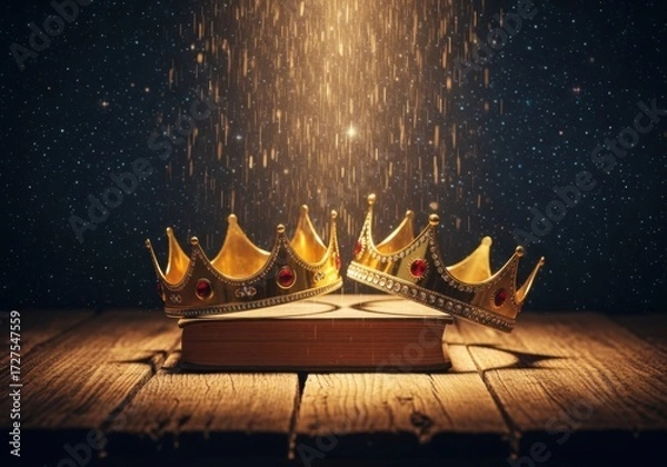 Fototapeta Three golden crowns resting on an ancient book with magical light falling from above