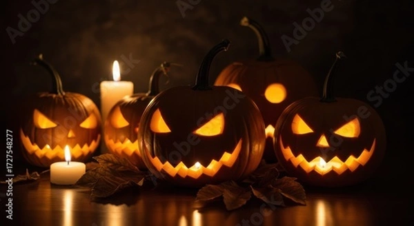 Obraz Halloween Pumpkins Still Life with Candle Glow and Dark Background