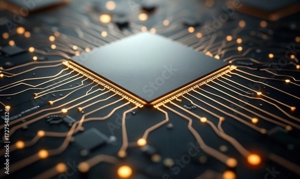 Fototapeta Glowing Microchip on Circuit Board Symbolizes Technology