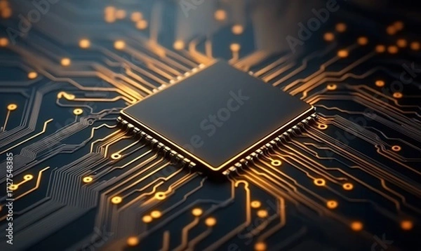Fototapeta Glowing Microchip on an Intricate Circuit Board