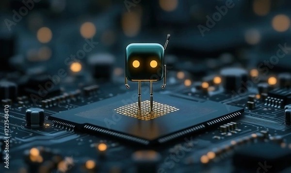Fototapeta Glowing Robot Figure Stands on Microchip