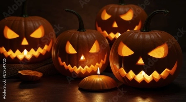 Obraz Halloween Pumpkins Still Life with Candle Glow and Dark Background