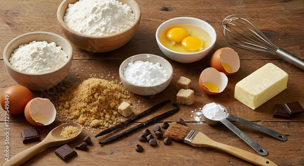 Obraz 素朴な木製カウンターに並べられたこだわりの焼き菓子材料、手作りの温もり