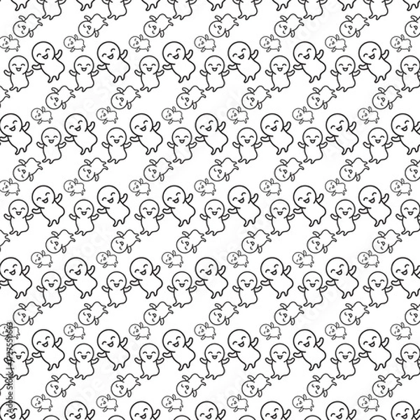 Obraz Seamless Pattern of Cute Cartoon Figures Holding Hands - Vector Design