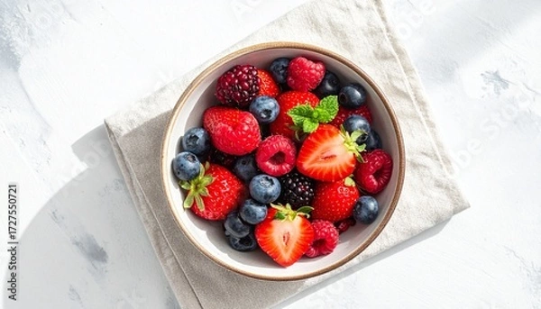 Fototapeta Top view of a bowl filled with fresh strawberries, blueberries, and raspberries on a light background.