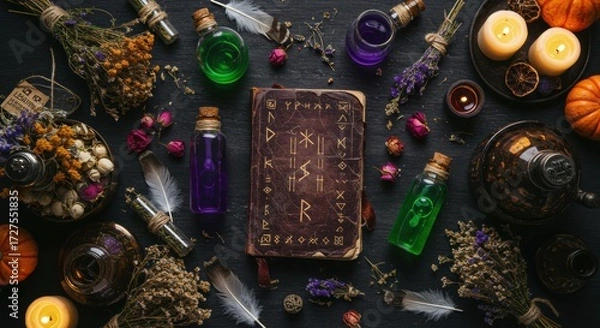 Obraz Halloween Flat Lay of Witch’s Potion Lab with Candles and Spellbook
