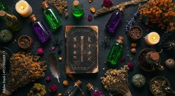 Obraz Halloween Flat Lay of Witch’s Potion Lab with Candles and Spellbook