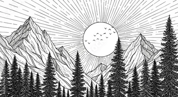 Fototapeta Vector Silhouette of Mountain Range with Pine Trees in Black and White