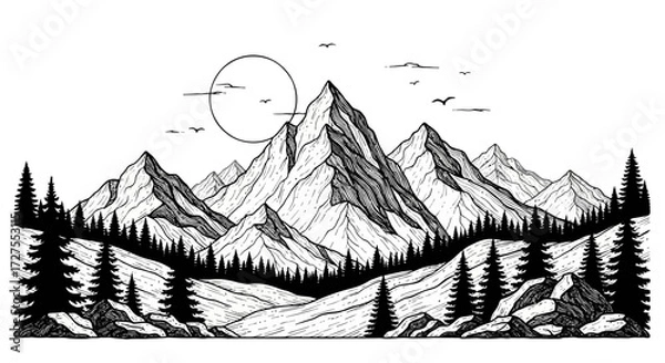 Fototapeta Vector Silhouette of Mountain Range with Pine Trees in Black and White