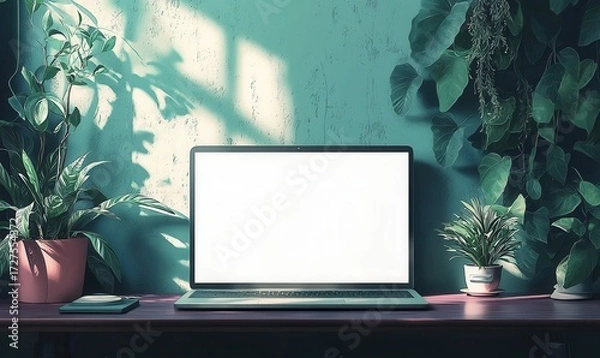 Fototapeta Laptop With Blank Screen on Table Mockup