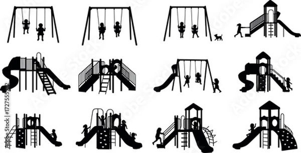 Obraz Playground silhouette set of children playing on swings, slides, climbing structures, outdoor activity icons for kids recreation design