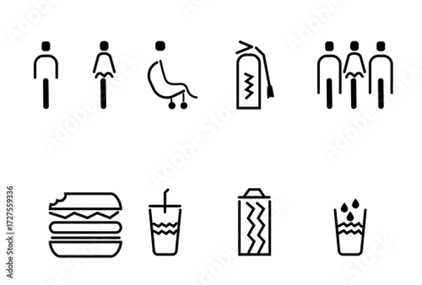 Obraz A black vector icon set illustrates the man and woman symbols alongside a variety of coffee, tea, and juice drink illustrations for restaurant and cafe business sign design