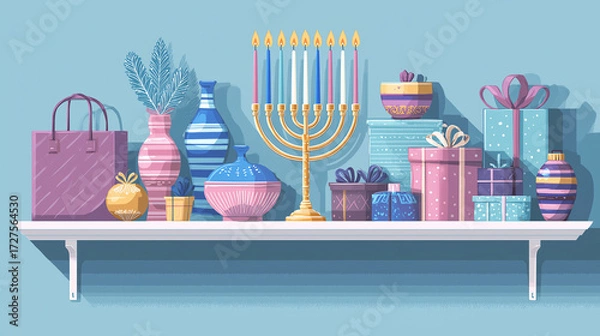 Fototapeta Festive Hanukkah decorations with gifts and menorah on shelf  