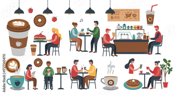 Fototapeta A collection of vector illustrations depicting people enjoying coffee and snacks in a modern cafe setting.