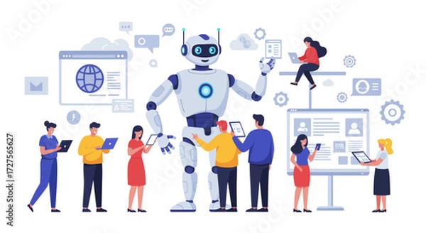 Fototapeta Illustration of a robot surrounded by people using technology.