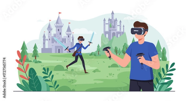 Obraz Two people playing a virtual reality sword fighting game in front of a castle.