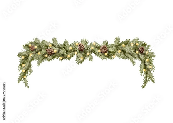 Fototapeta Watercolor vintage Christmas branches of coniferous trees frame border with pine cones and luminous garland lights isolated on white background. Watercolor and pencil hand drawn illustration sketch