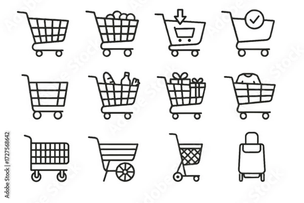 Fototapeta Rolling groceries foldable shopping cart metal vector empty clothes icons icon