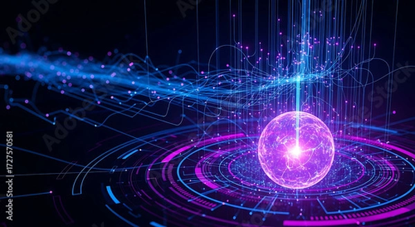 Fototapeta Futuristic glowing sphere with neon digital connections, abstract technology background, artificial intelligence network and big data visualization concept