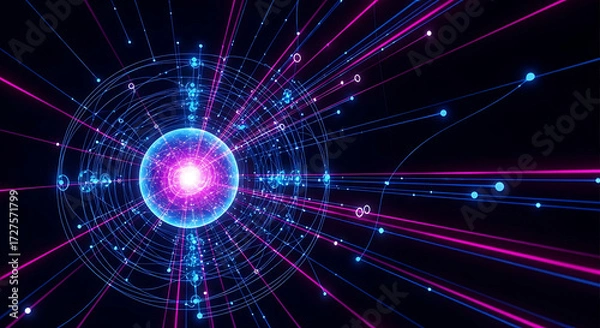 Fototapeta Futuristic Digital Data Burst from a Central Core with Neon Particles | Abstract Concept of Big Data Transfer, Quantum Computing, and AI Power