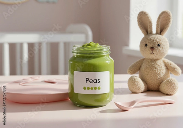 Fototapeta Jar of baby food mashed peas with toy and spoon
