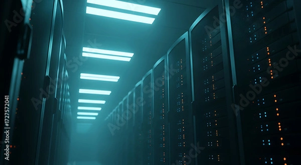 Fototapeta Dimly Lit Data Center Corridor with Server Racks | Concept for Digital Storage, Cloud Technology, IT Infrastructure, and Network Security
