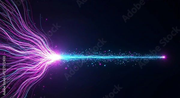 Fototapeta Abstract glowing fiber optic light burst with blue and pink lines, digital data flow, futuristic energy wave, high speed internet and technology background