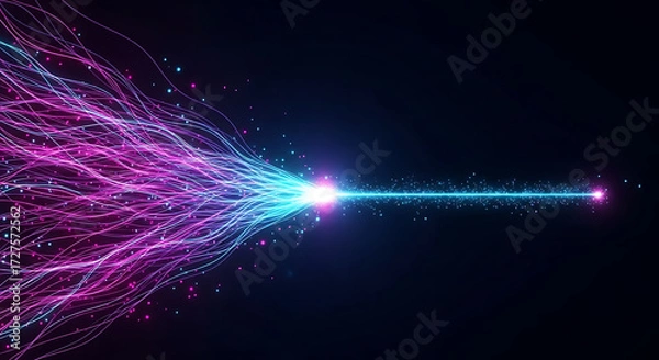 Fototapeta Abstract glowing data stream with blue and pink light particles, futuristic fiber optic communication, digital energy flow and high speed internet technology background