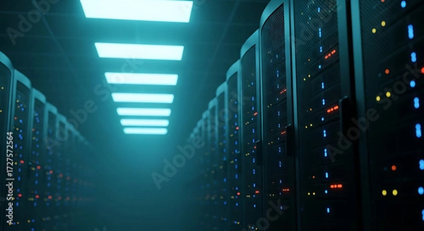 Fototapeta Modern data center server room with glowing lights, powerful technology infrastructure, cloud computing storage and cybersecurity network background