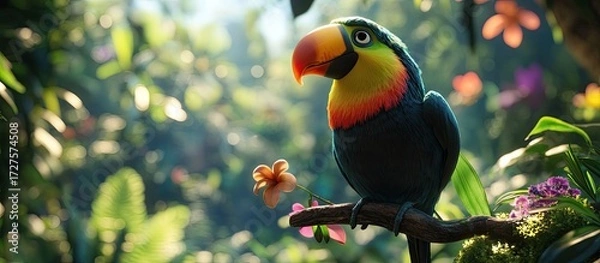 Fototapeta Vibrant Animated Toucan with Orange Beak Perched on Branch in Lush, Sunlit Tropical Jungle