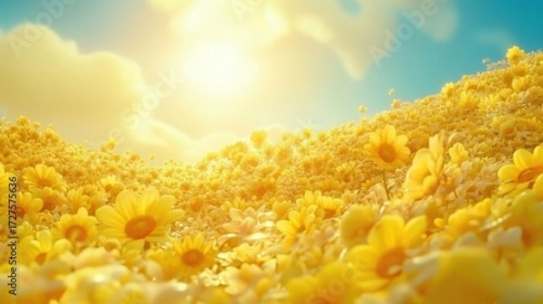 Fototapeta Dreamy Field of Yellow Flowers Under Sunny Sky, Artistic Rendering.