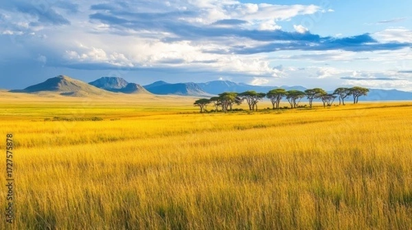 Obraz Golden Grassland Vista: Acacia Trees and Distant Mountains Under a Cloudy Sky