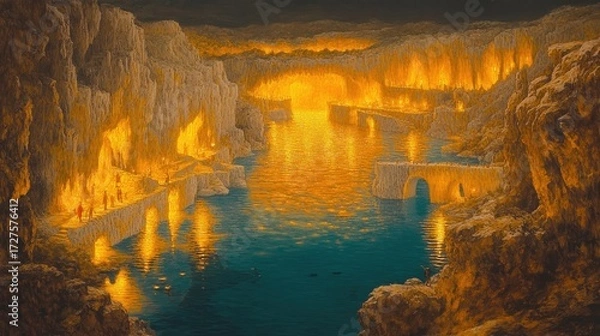 Fototapeta Golden River of the Underworld: A Mythical Journey Through Fire-Lit Canyons