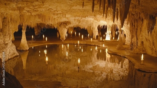 Fototapeta Carlsbad Caverns' Queen's Chamber: Stalactites, Pool Reflections, and Candlelight Glow