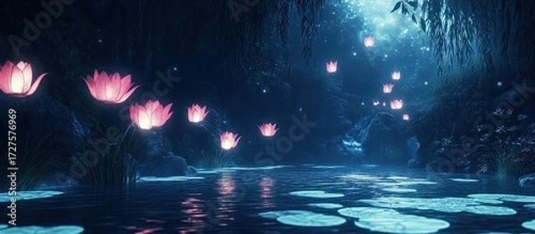 Fototapeta Enchanted Night Pond with Glowing Lotus Lanterns and Mystical Sparkles