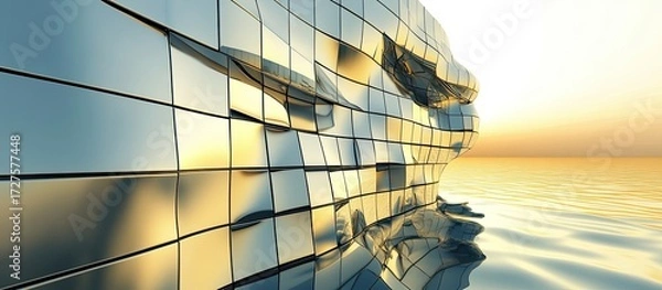 Fototapeta Abstract Architectural Sculpture Reflecting Sunset Over Calm Waters