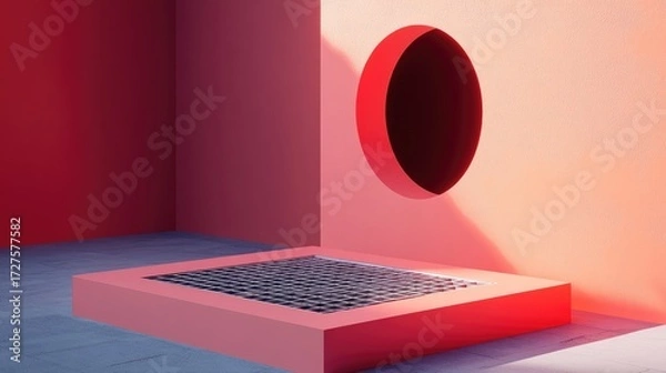 Fototapeta Crimson Architectural Dreamscape: A Sunlit Corner with a Circular Portal and Grid