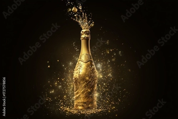 Fototapeta Golden champagne bottle exploding with sparkling splash.