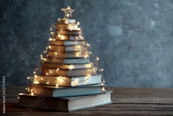 Fototapeta Christmas tree made from stacked books with lights.