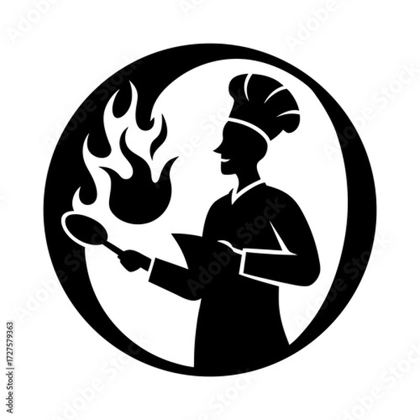 Fototapeta Chef silhouette cooking with flames in a circular black and white logo