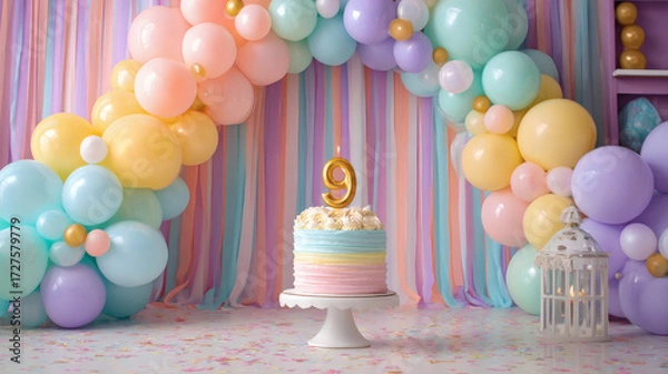 Fototapeta A birthday photo background with a cake, streamers, and a balloon arch, with the number 9 on the cake. Happy birthday. Parties and celebrations