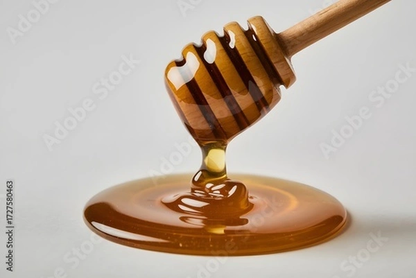 Fototapeta Close-Up of Wooden Honey Dipper Drizzling Thick Golden Honey Onto Glossy Surface with Smooth Reflections