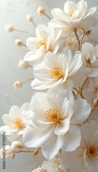 Fototapeta Elegant white floral arrangement with golden accents. Delicate blossoms bloom with pearlescent detail. Soft texture, pattern create beautiful abstract design. Suitable for decor, art, invitations.